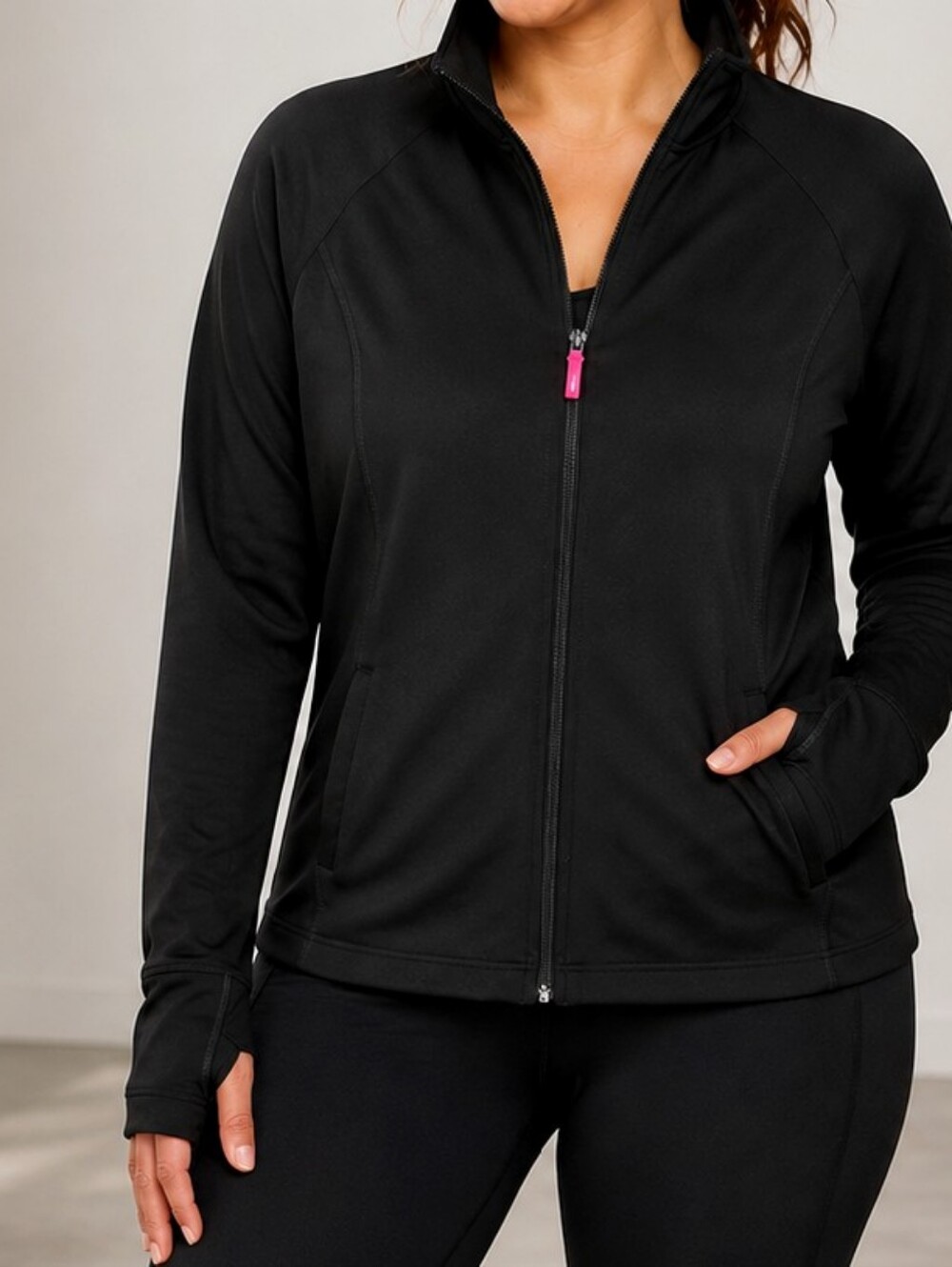 Fresh Produce Jacket Womens‎ L Black Thumbhole Full Zip Athleisure Sport Active